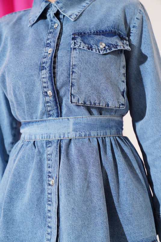 Ensemble gilet en jean avec ceinture et poche unique Bleu denim