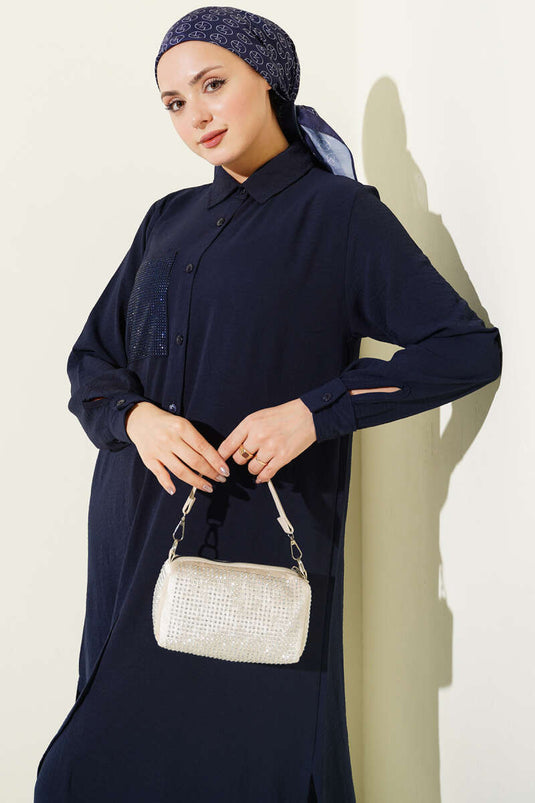 Single Pocket Mini Beaded Loose Two-Piece Set Navy Blue