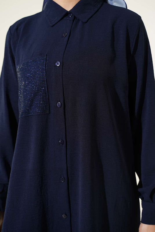 Single Pocket Mini Beaded Loose Two-Piece Set Navy Blue