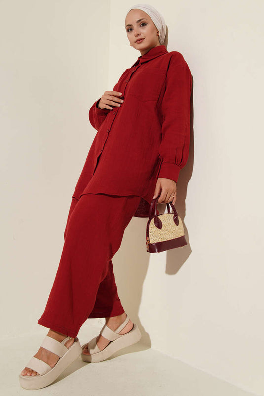 بدلة من قطعتين من الموسلين بجيب واحد - لون عنابي