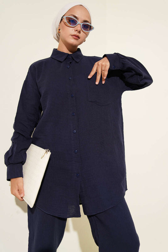 بدلة من قطعتين من الموسلين بجيب واحد، أزرق داكن