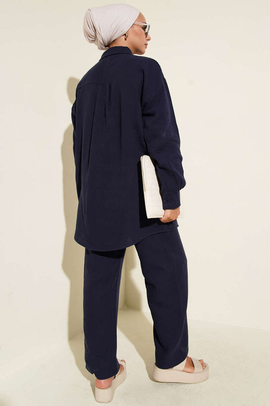 بدلة من قطعتين من الموسلين بجيب واحد، أزرق داكن