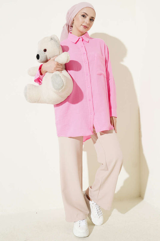 Single Pocket Loose Muslin Shirt Pink