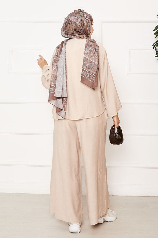 Tek Düğme Detaylı Salaş İkili Takım Bej