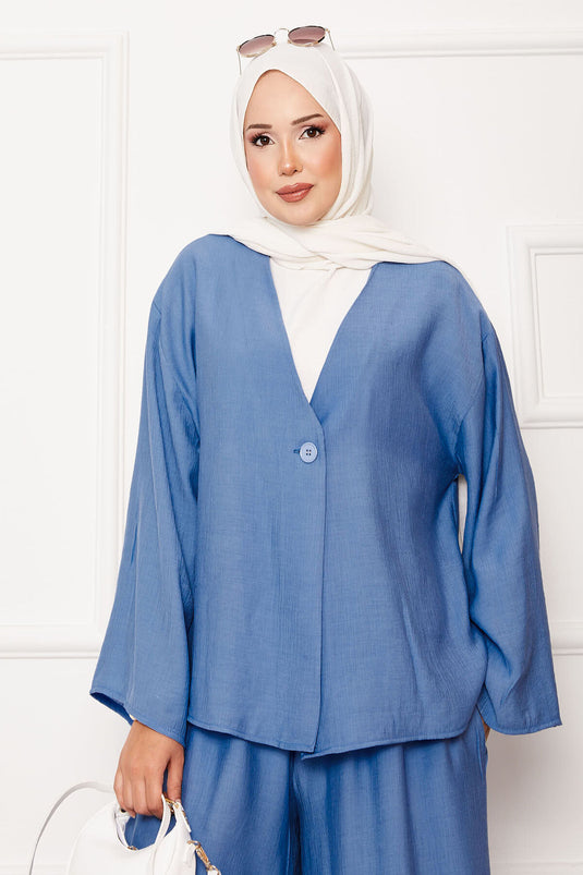 Costume deux pièces décontracté à bouton unique bleu