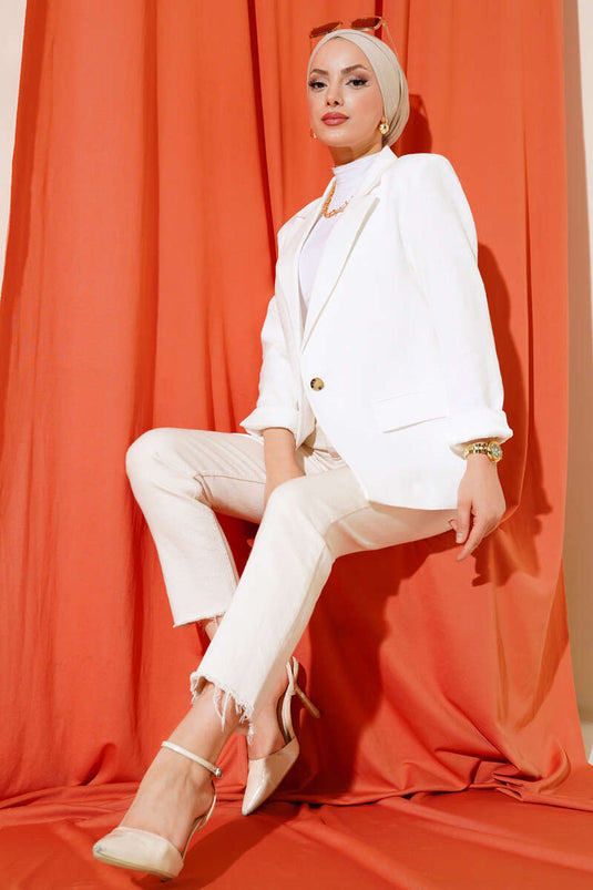 Tek Düğmeli Blazer Ceket Ekru