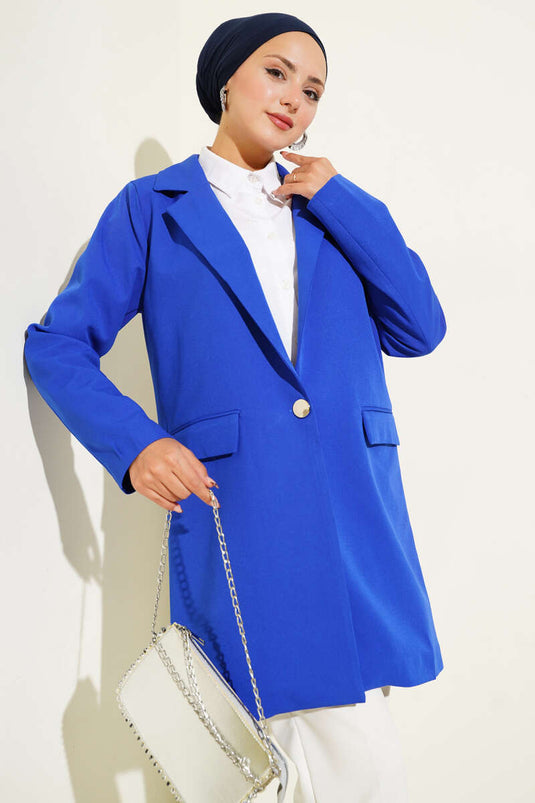 Tek Düğmeli Blazer Ceket Saks