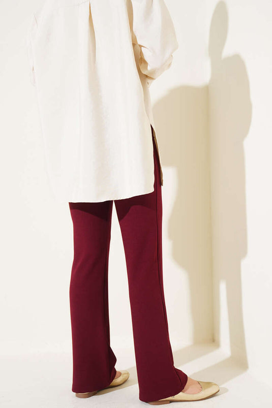 بنطال مزين بزر واحد، لون عنابي