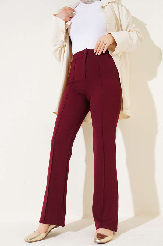 بنطال مزين بزر واحد، لون عنابي