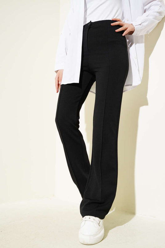 Tek Düğmeli Çımalı Pantolon Siyah