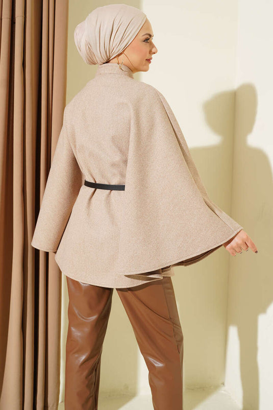 Poncho en cachemire beige à ceinture et bouton unique