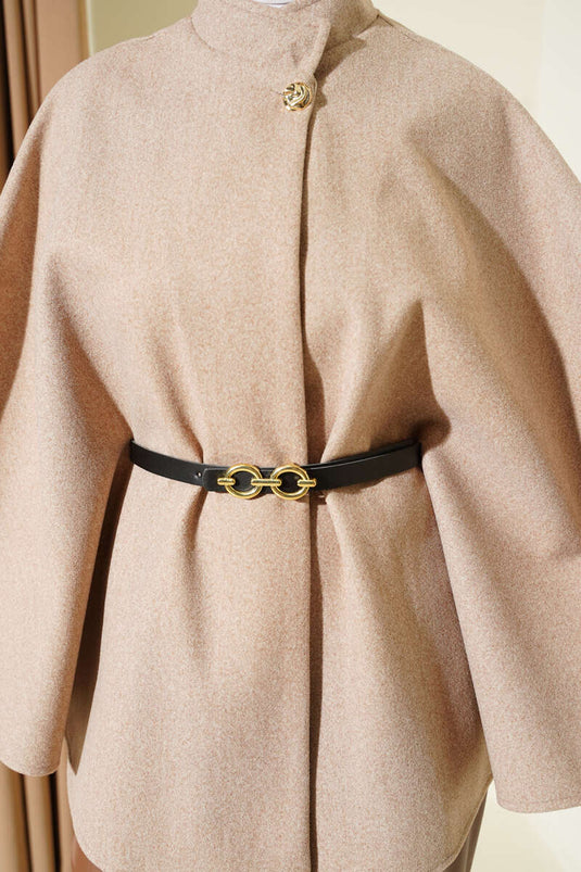 Tek Düğmeli Kemerli Kaşe Panço Bej