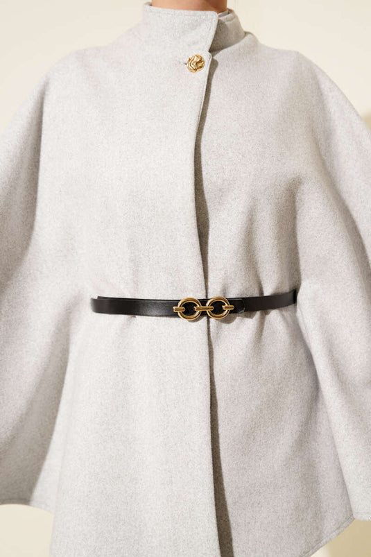 Tek Düğmeli Kemerli Kaşe Panço Gri