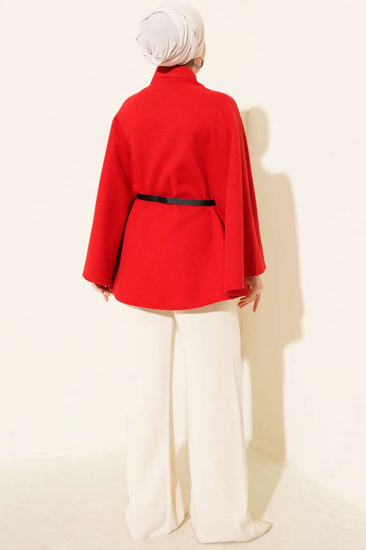 Single Button Belted Cashmere Poncho Red