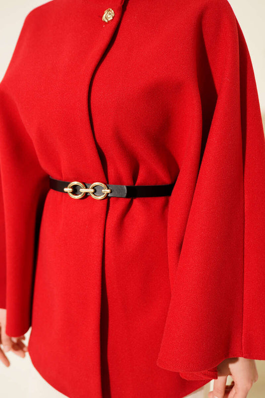 Tek Düğmeli Kemerli Kaşe Panço Kırmızı