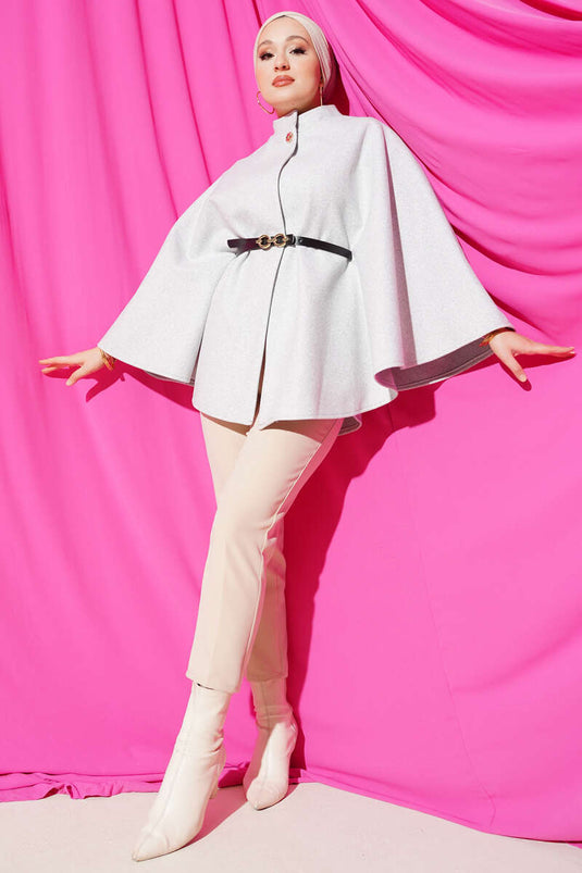 Tek Düğmeli Kemerli Kaşe Panço Melanj Gri