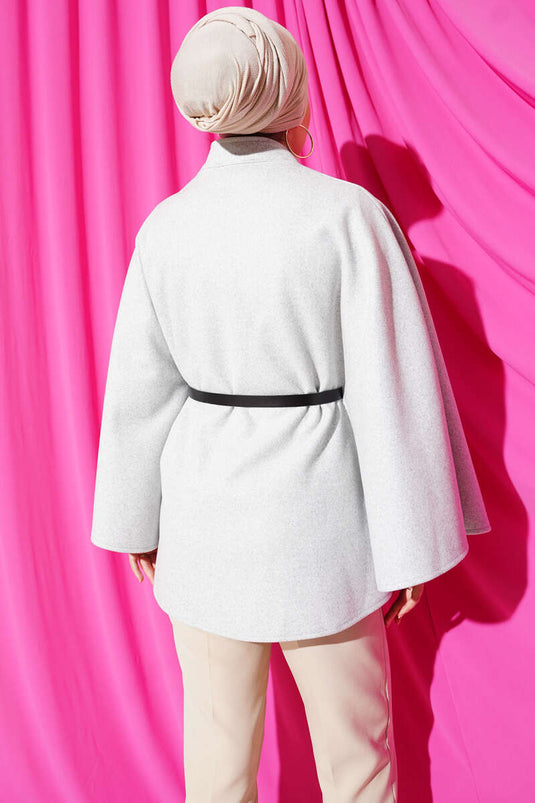 Tek Düğmeli Kemerli Kaşe Panço Melanj Gri