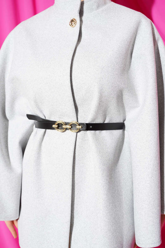 Tek Düğmeli Kemerli Kaşe Panço Melanj Gri