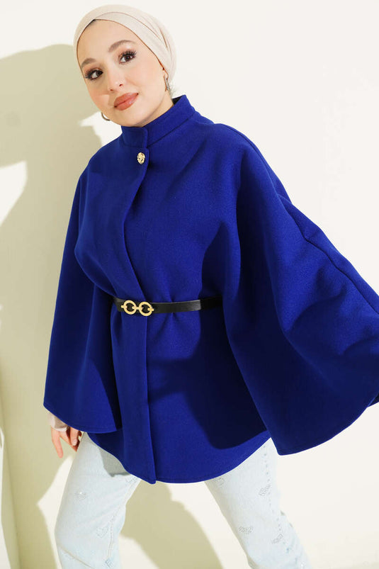 Single-Button Belted Woolen Poncho Blue