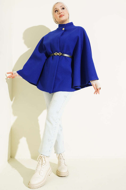 Tek Düğmeli Kemerli Kaşe Panço Saks