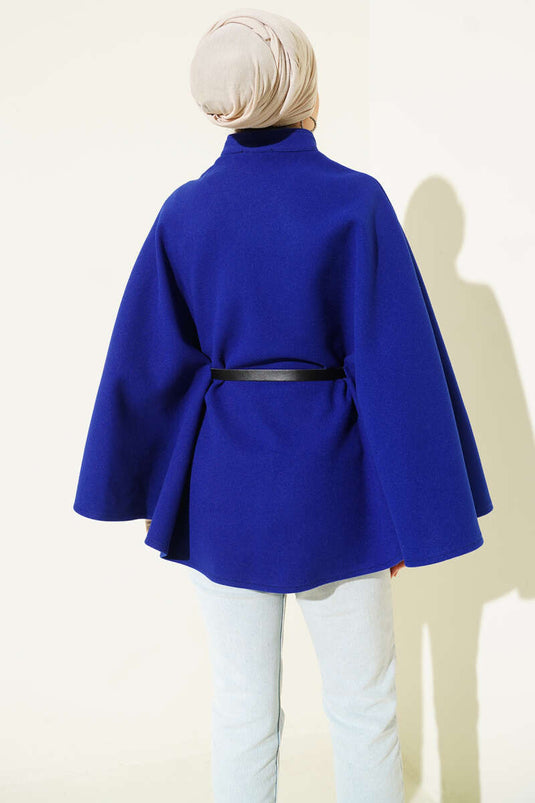 Tek Düğmeli Kemerli Kaşe Panço Saks