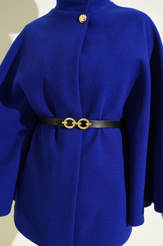 Single-Button Belted Woolen Poncho Blue