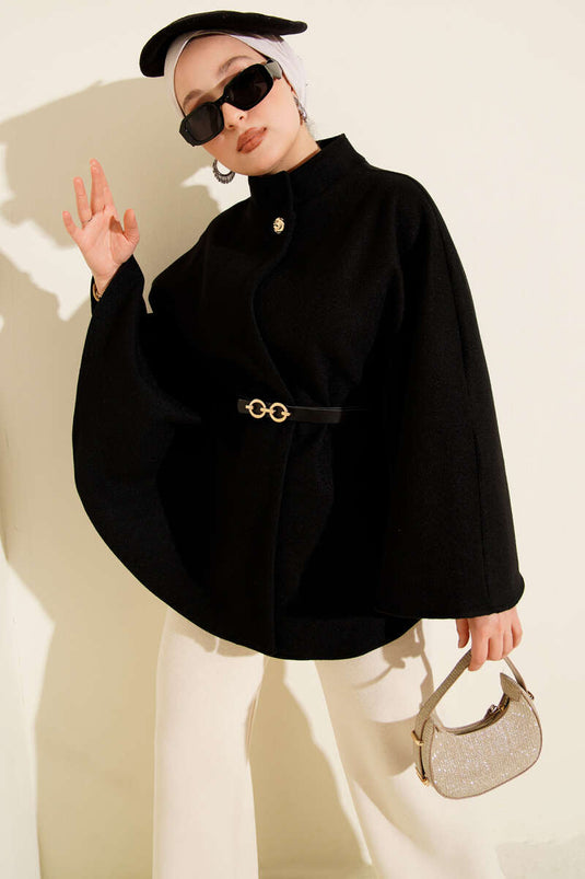 Poncho en cachemire noir à ceinture et bouton unique