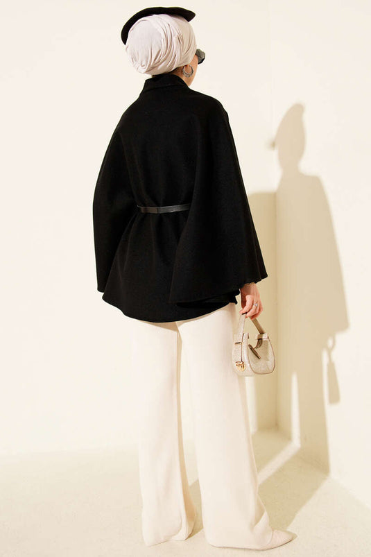 Poncho en cachemire noir à ceinture et bouton unique