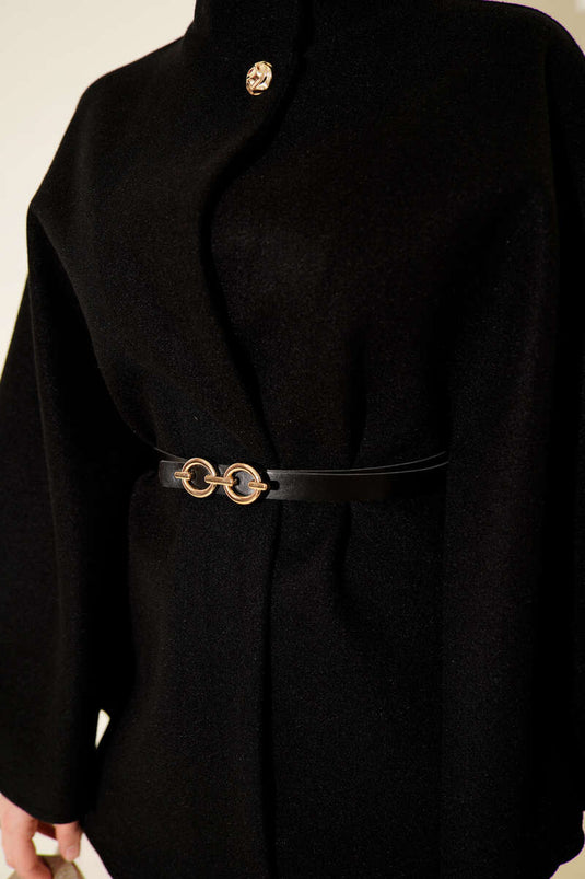 Poncho en cachemire noir à ceinture et bouton unique