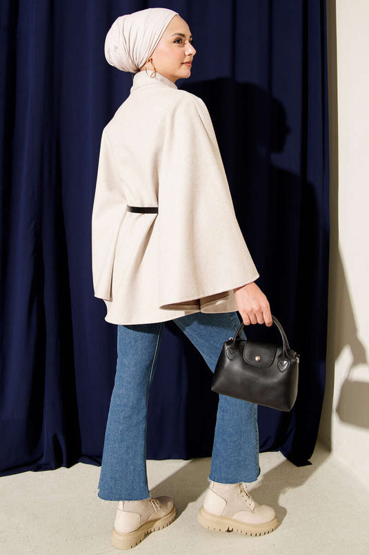 Single Button Belted Cashmere Poncho Stone