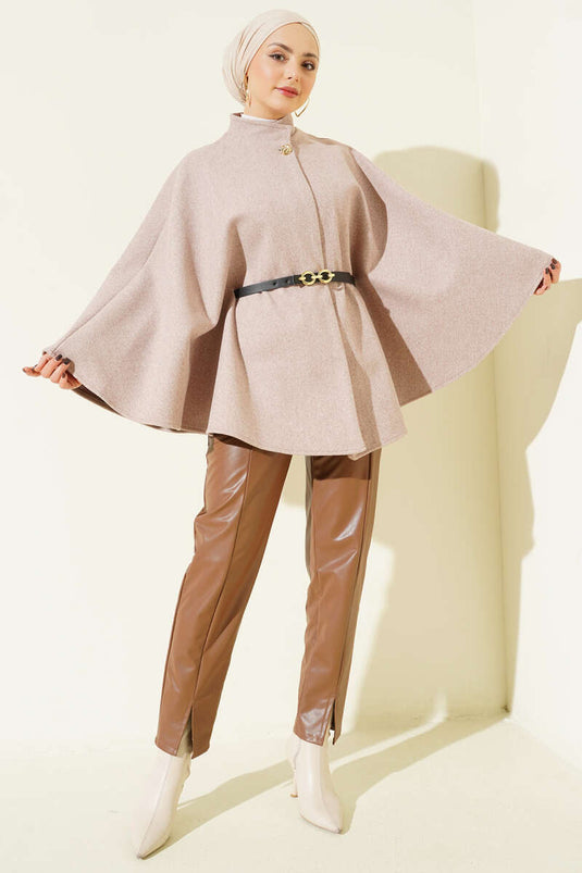 Poncho en cachemire à ceinture et bouton unique, couleur vison