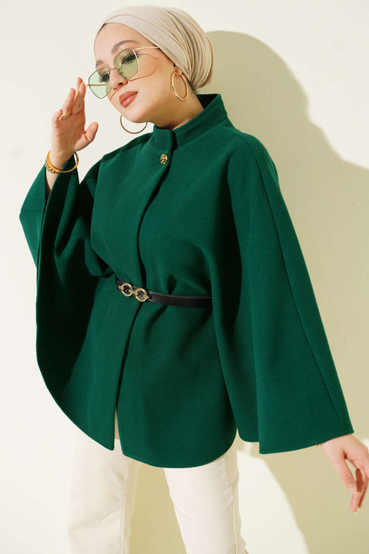 Tek Düğmeli Kemerli Kaşe Panço Zümrüt