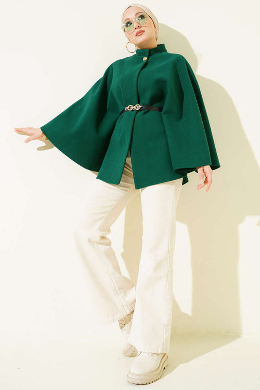 Tek Düğmeli Kemerli Kaşe Panço Zümrüt