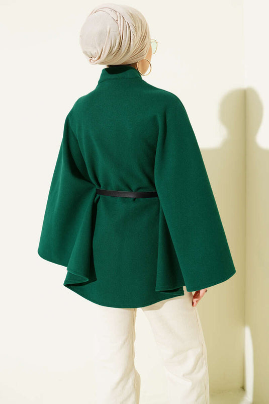 Tek Düğmeli Kemerli Kaşe Panço Zümrüt