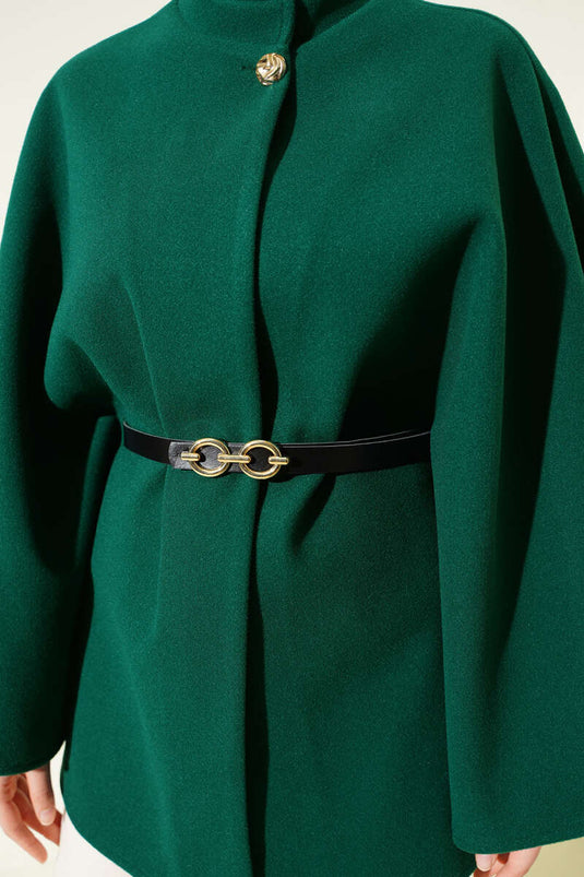 Tek Düğmeli Kemerli Kaşe Panço Zümrüt