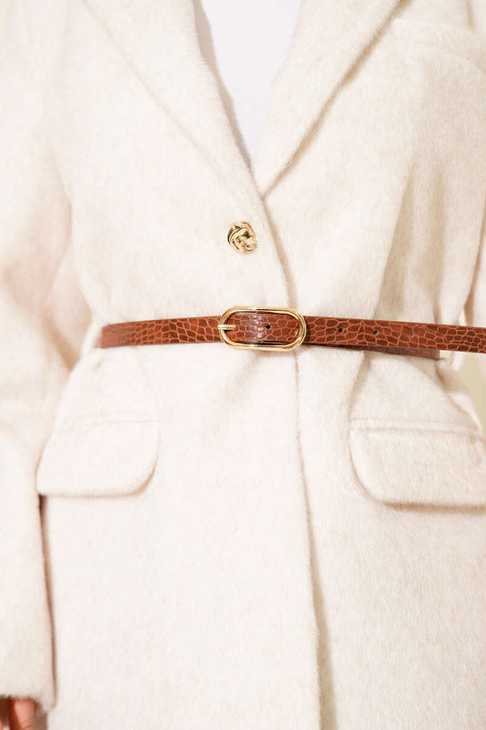 جاكيت ذو زر واحد مع حزام وتصميم ملتحٍ - حجر