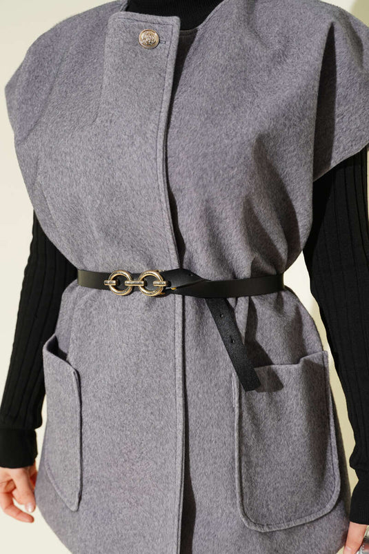 Single Button Belted Bearded Vest Grey