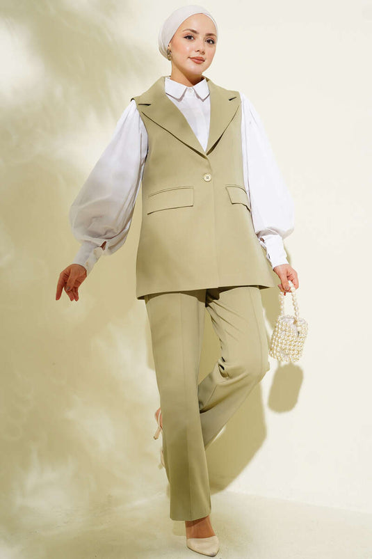 Ensemble à gilet avec col croisé à un bouton, couleur vert olive
