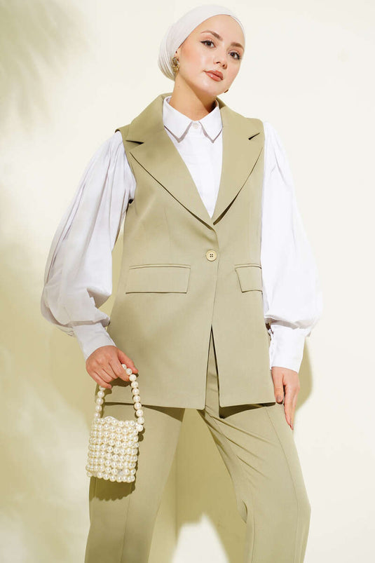 Ensemble à gilet avec col croisé à un bouton, couleur vert olive