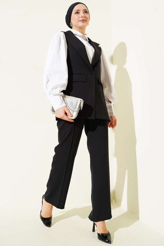 Ensemble noir à gilet avec col croisé et un seul bouton