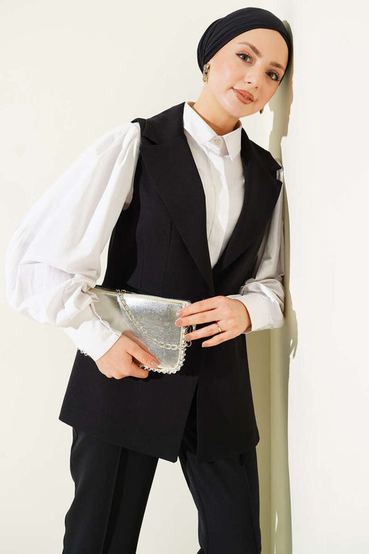 Ensemble noir à gilet avec col croisé et un seul bouton