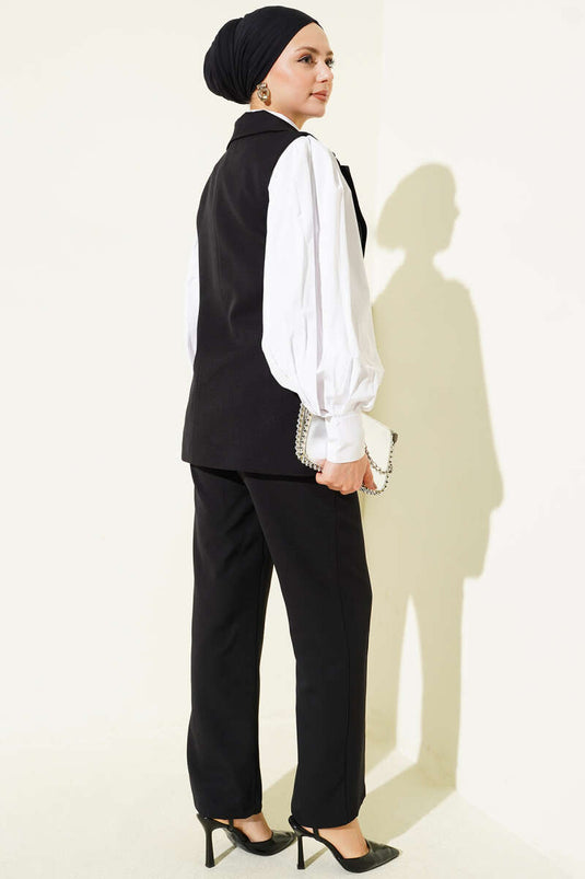 Ensemble noir à gilet avec col croisé et un seul bouton