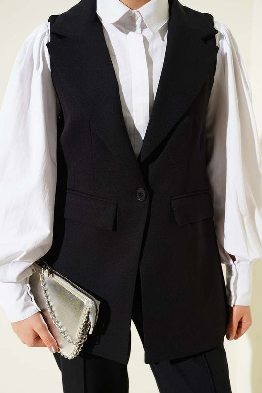 Ensemble noir à gilet avec col croisé et un seul bouton