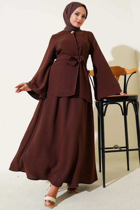 Tek Düğmeli Kuşaklı Dabıl İkili Takım Acı Kahve