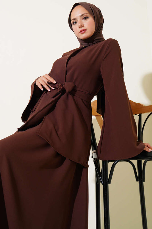 Tek Düğmeli Kuşaklı Dabıl İkili Takım Acı Kahve