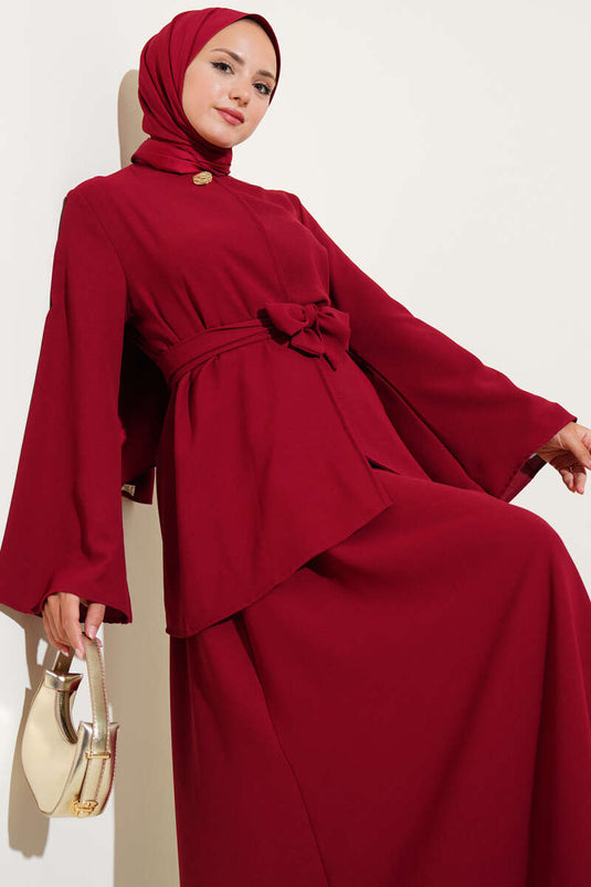 Single-Button Belted Double Breasted Suit in Burgundy