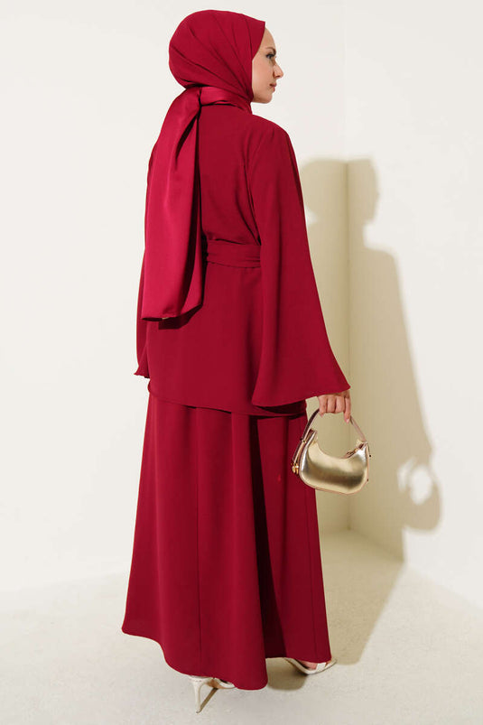 Single-Button Belted Double Breasted Suit in Burgundy