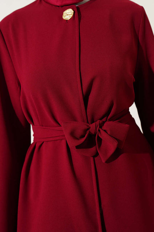 Single-Button Belted Double Breasted Suit in Burgundy