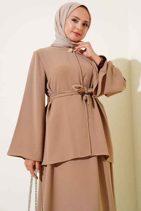 Tek Düğmeli Kuşaklı Dabıl İkili Takım Latte