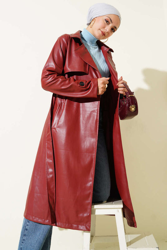 Burgundy Leather Trench Coat with Single Button and Belt